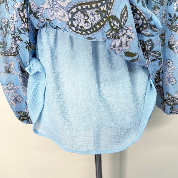 AMERICAN EAGLE Peplum Blouse Long Sleeve Paisley Floral Tie Back Blue Women's S - Picture 5 of 8